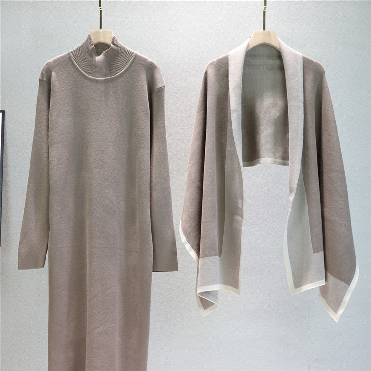 Mock Neck Knit Dress And Draped Shawl Set - Taupe - 2