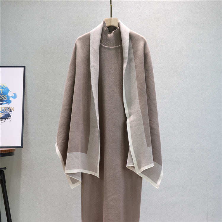 Mock Neck Knit Dress And Draped Shawl Set - Taupe - 3