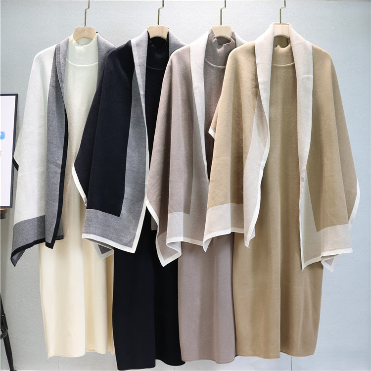 Mock Neck Knit Dress And Draped Shawl Set - view 1