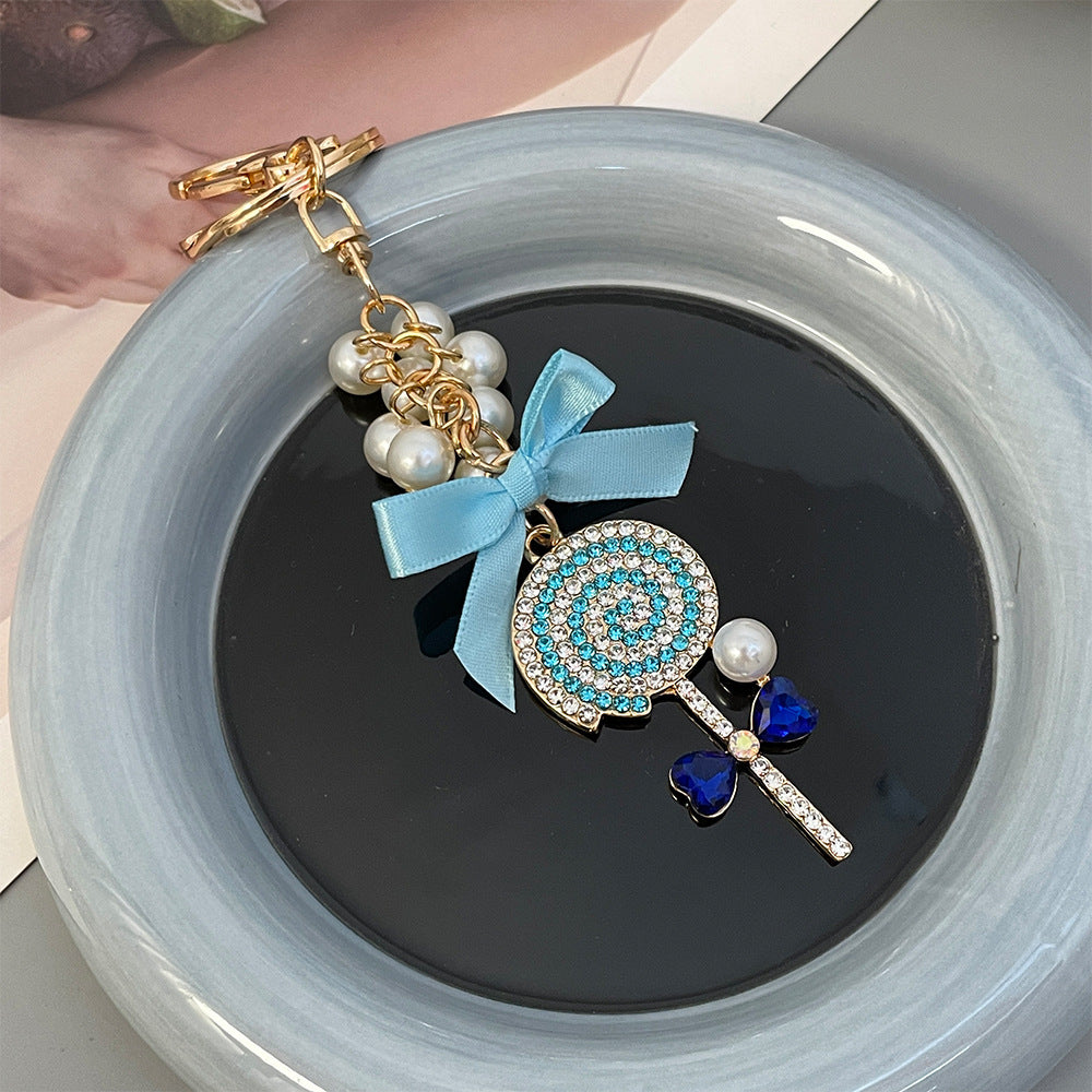 Pearl Bow Lollipop Keychain Bag Charm - Blue
