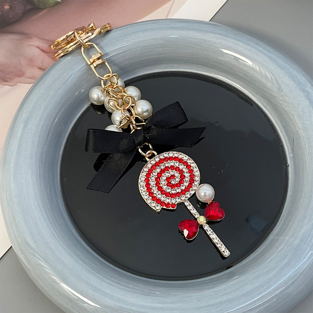 Pearl Bow Lollipop Keychain Bag Charm - Red