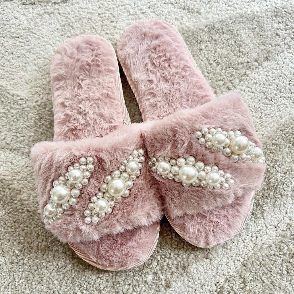 Pearl Embellished Faux Fur Slide Slippers - Pink