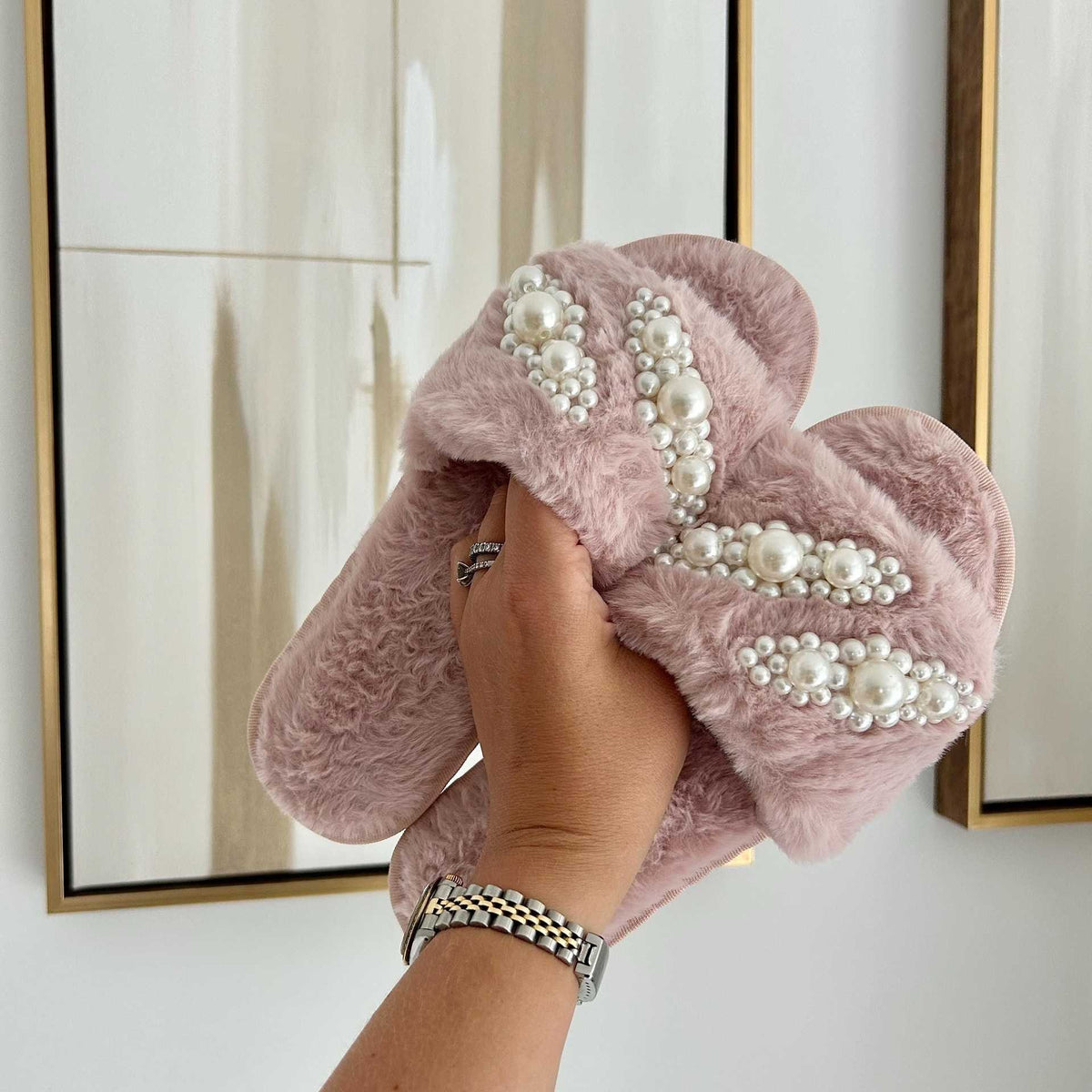 Pearl Embellished Faux Fur Slide Slippers
