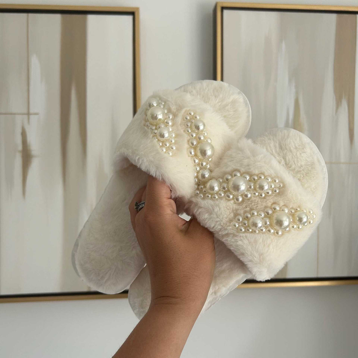 Pearl Embellished Faux Fur Slide Slippers