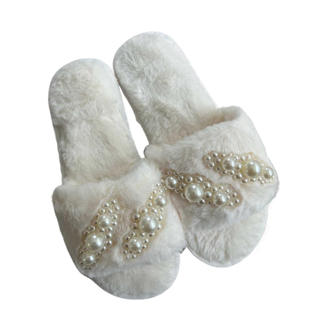 Pearl Embellished Faux Fur Slide Slippers