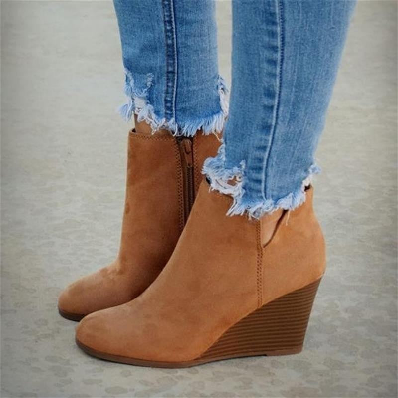 Faux Suede V Cut Wedge Ankle Booties