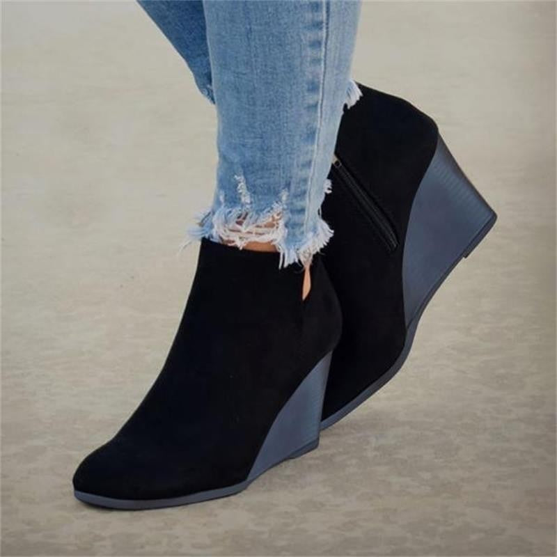 Faux Suede V Cut Wedge Ankle Booties
