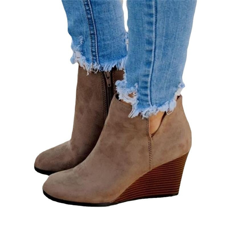 Faux Suede V Cut Wedge Ankle Booties
