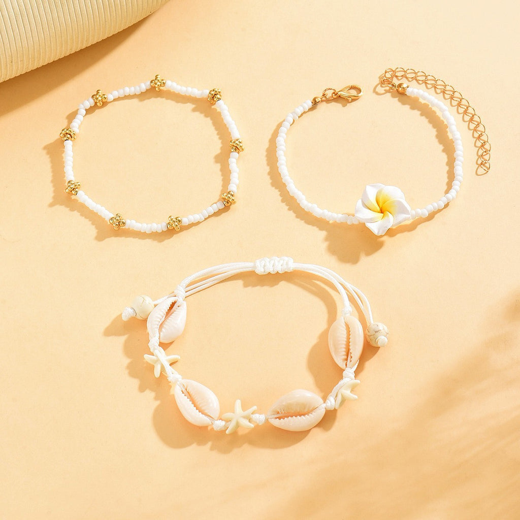Plumeria Flower Cowrie Shell Anklet Set - White - 1