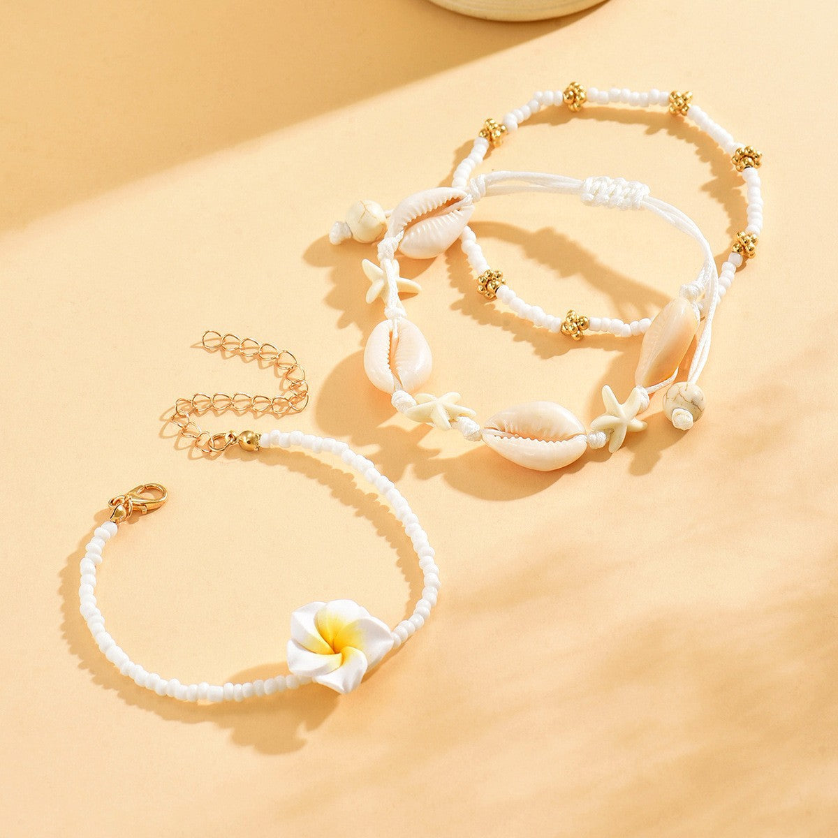 Plumeria Flower Cowrie Shell Anklet Set - White - 3