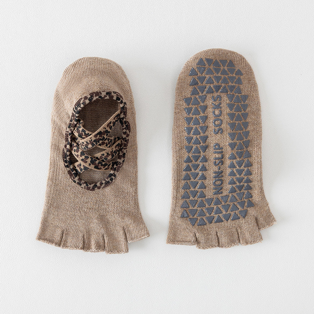 Non Slip Grip Socks With Leopard Straps - Khaki