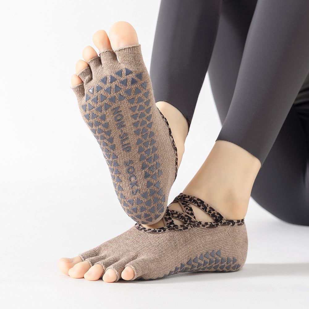 Non Slip Grip Socks With Leopard Straps - Khaki - 1