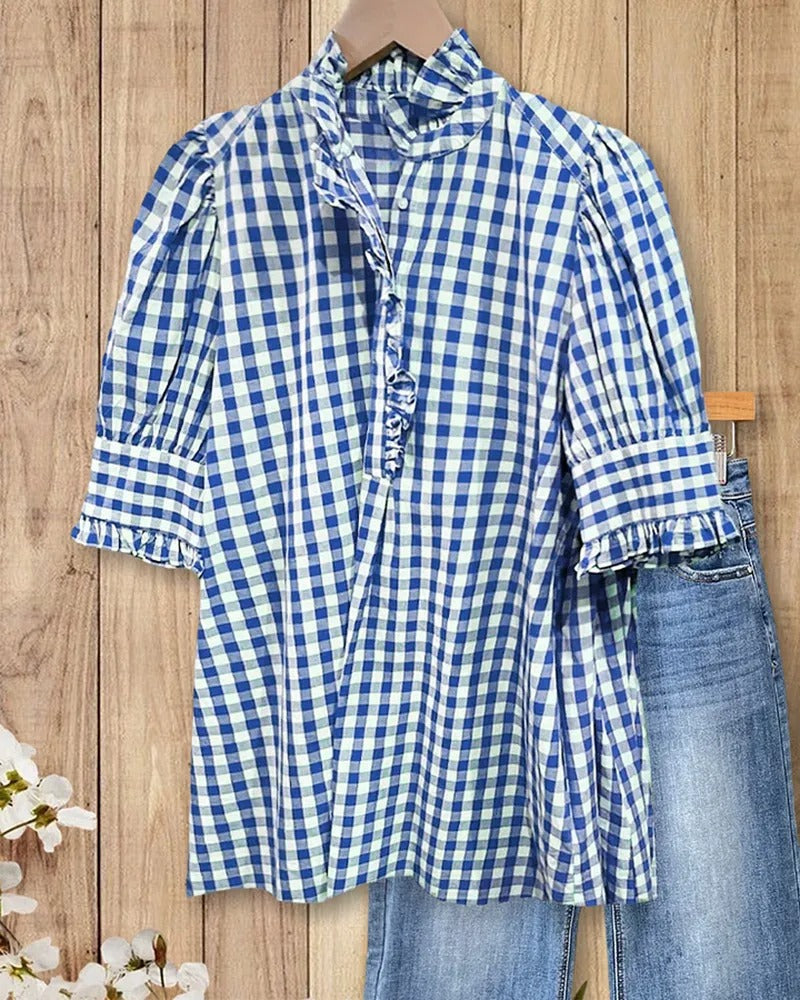 Ruffle Trim Gingham Blouse with High Collar - Blue