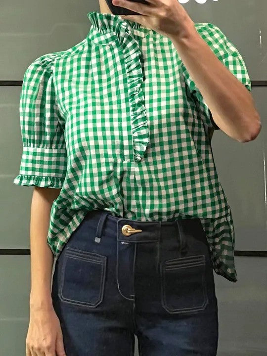 Ruffle Trim Gingham Blouse with High Collar - Green - 1