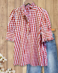 Ruffle Trim Gingham Blouse with High Collar - Red