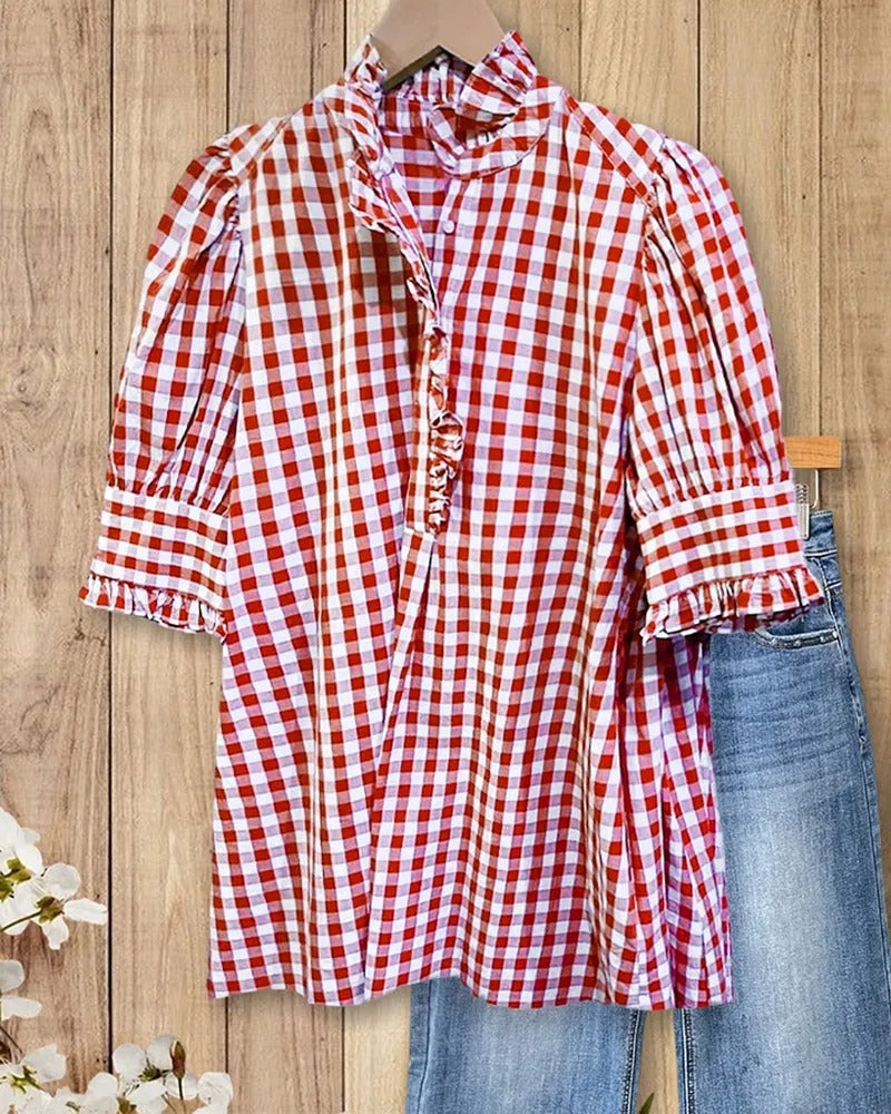 Ruffle Trim Gingham Blouse with High Collar - Red