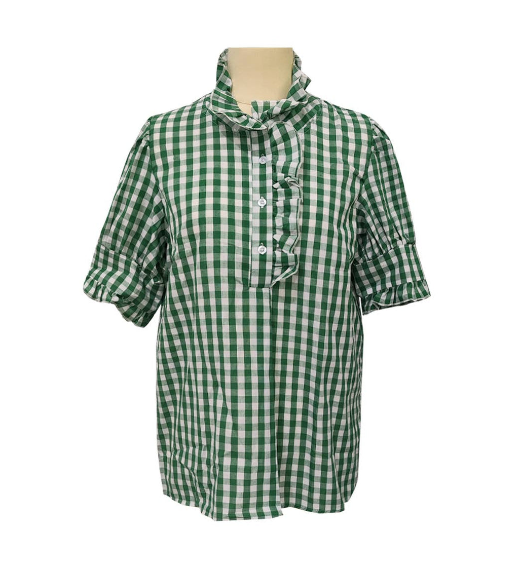 Ruffle Trim Gingham Blouse with High Collar