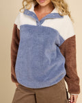 Color Block Sherpa Sweatshirt Snap Collar Pullover - Blue