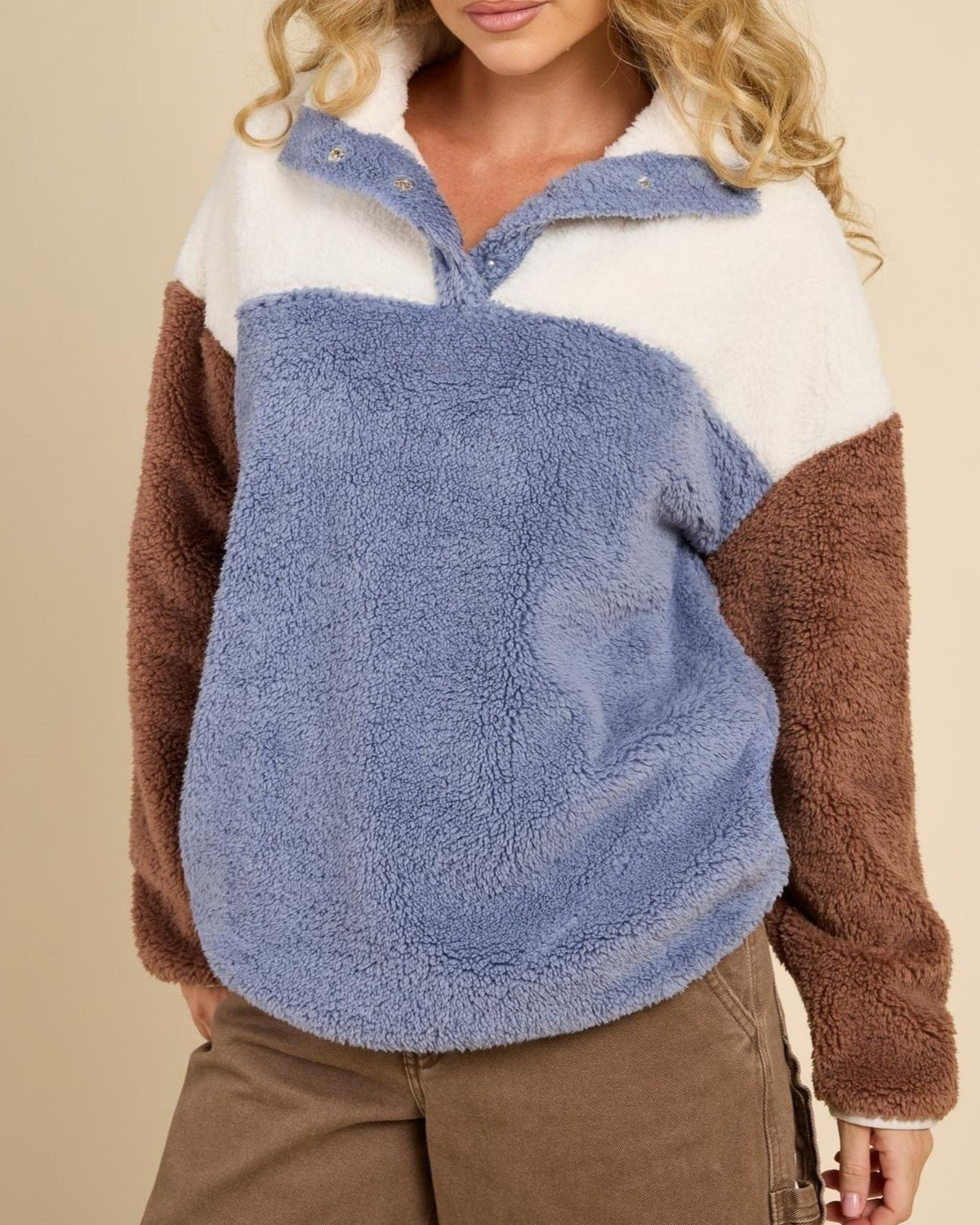 Color Block Sherpa Sweatshirt Snap Collar Pullover - Blue