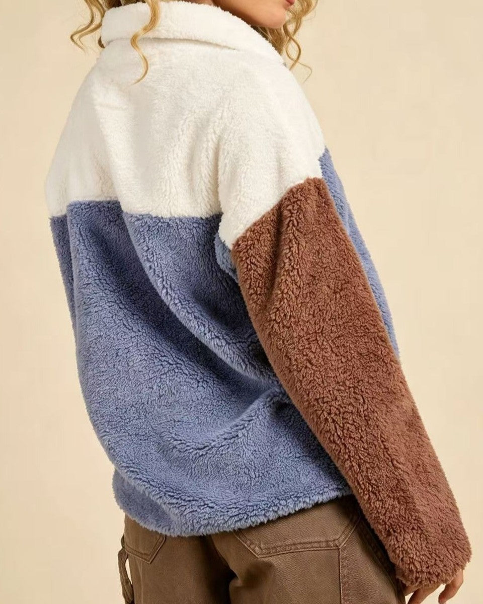 Color Block Sherpa Sweatshirt Snap Collar Pullover - Blue - 2