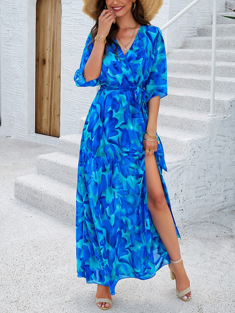 Botanical Floral Wrap Front Maxi Dress - Blue - 1