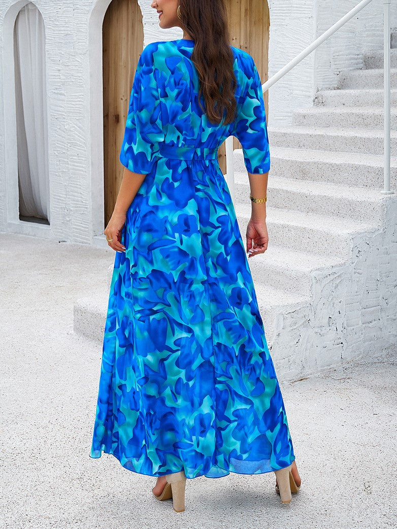 Botanical Floral Wrap Front Maxi Dress - Blue - 2