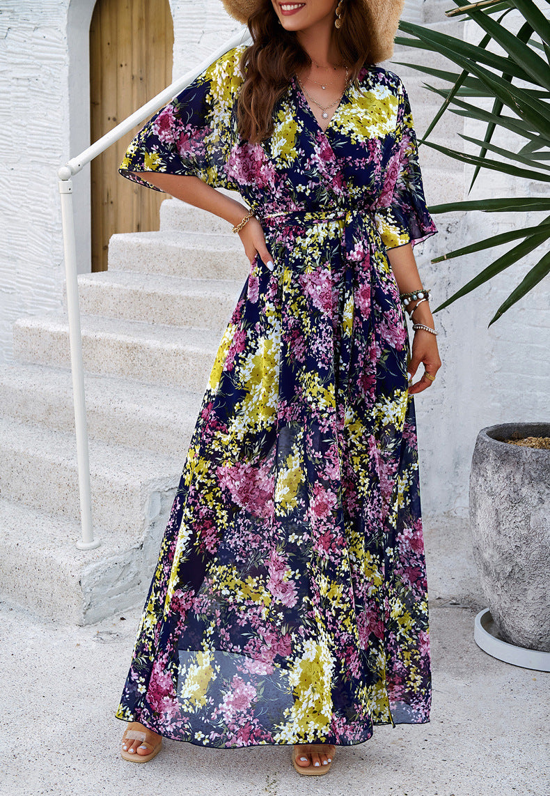 Botanical Floral Wrap Front Maxi Dress - Dark Blue - 2