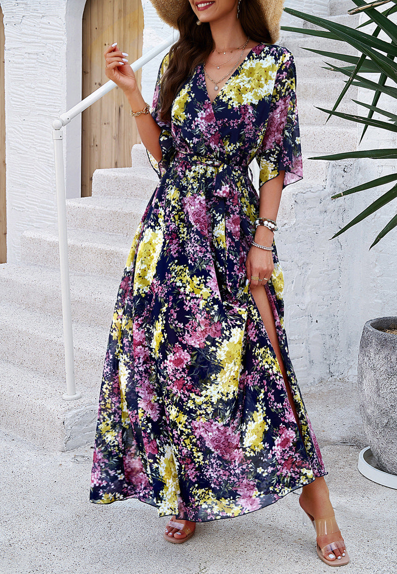 Botanical Floral Wrap Front Maxi Dress - Dark Blue - 3