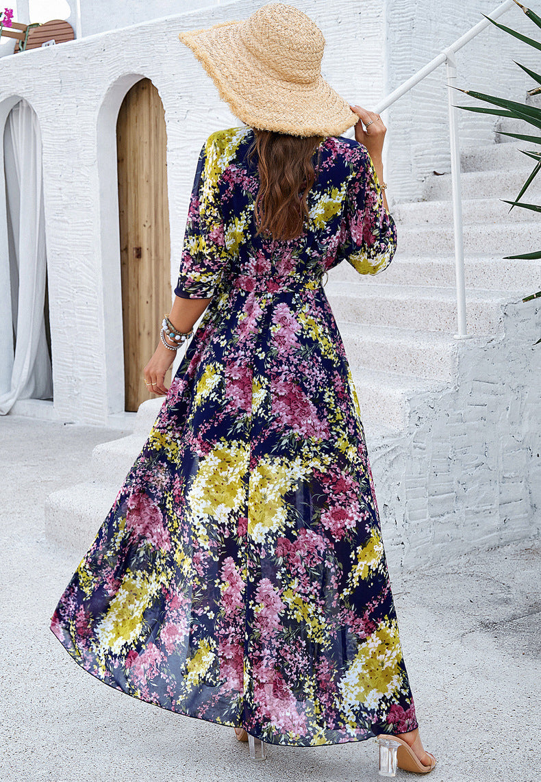 Botanical Floral Wrap Front Maxi Dress - Dark Blue - 4