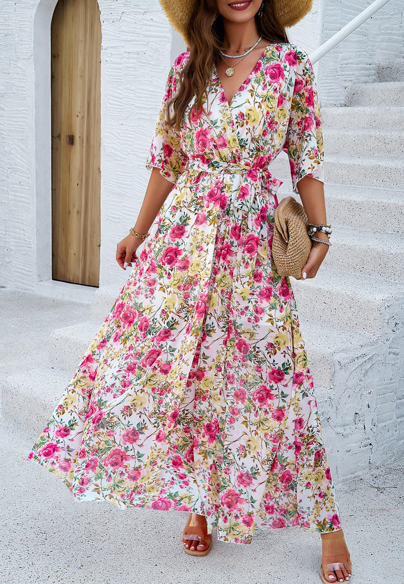 Botanical Floral Wrap Front Maxi Dress - White