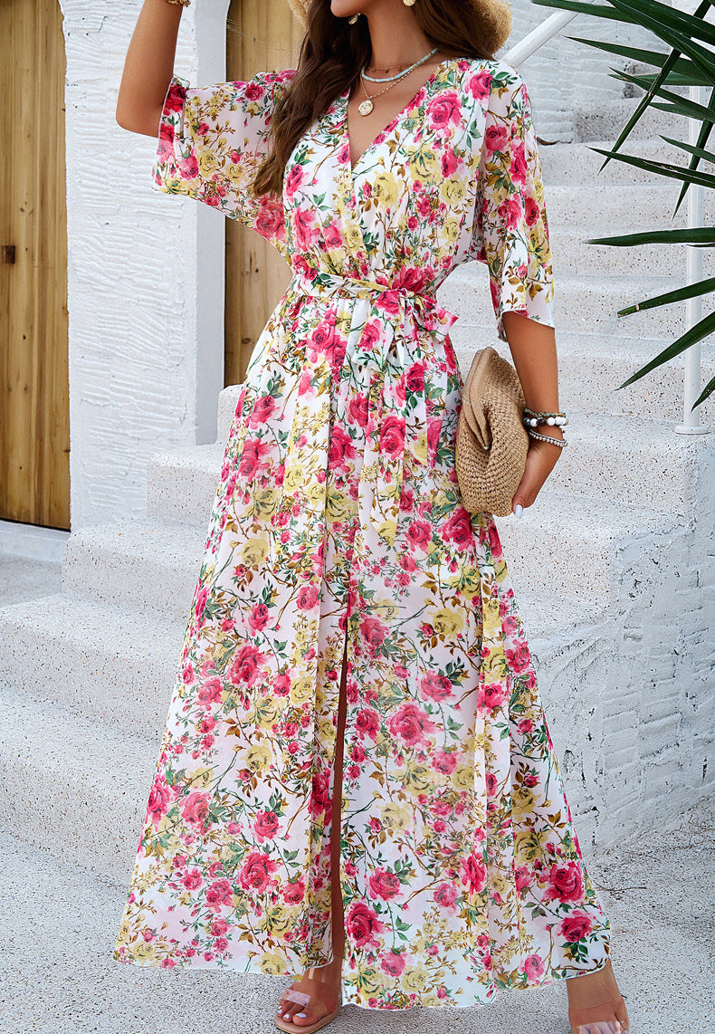 Botanical Floral Wrap Front Maxi Dress