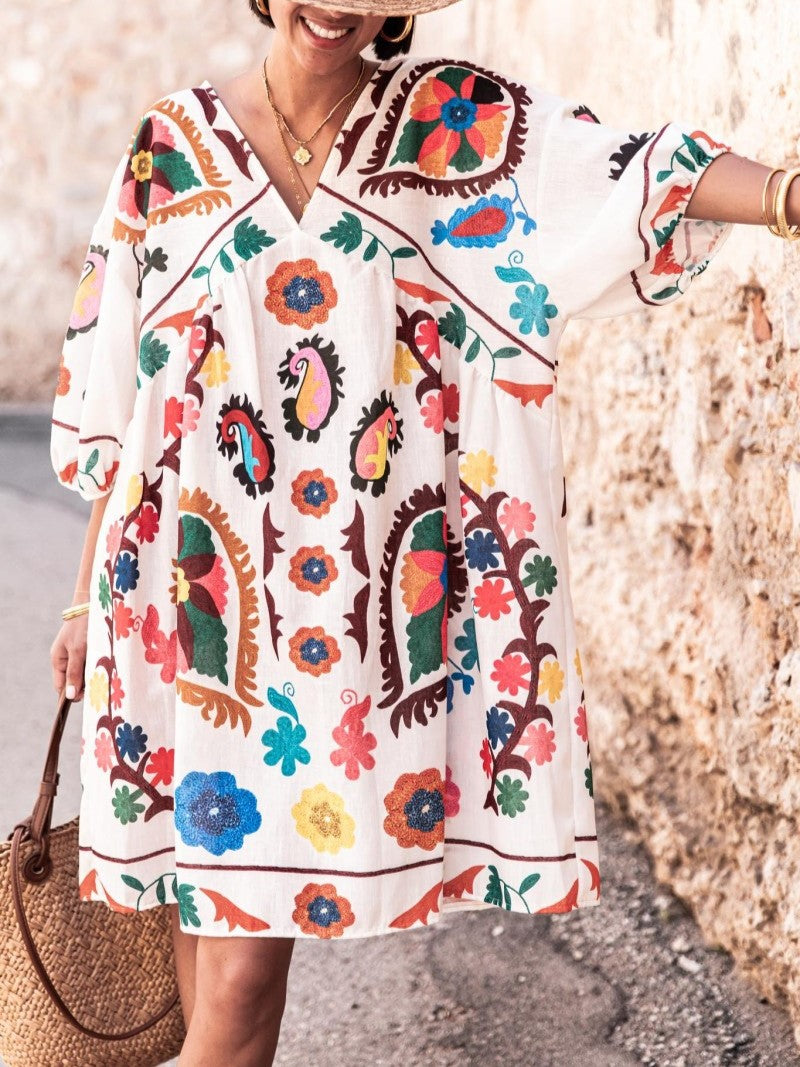 Paisley Bloom Print Flowy Beach Dress - White