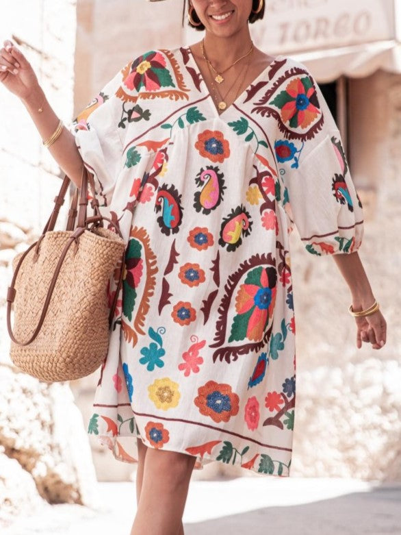 Paisley Bloom Print Flowy Beach Dress - White - 1
