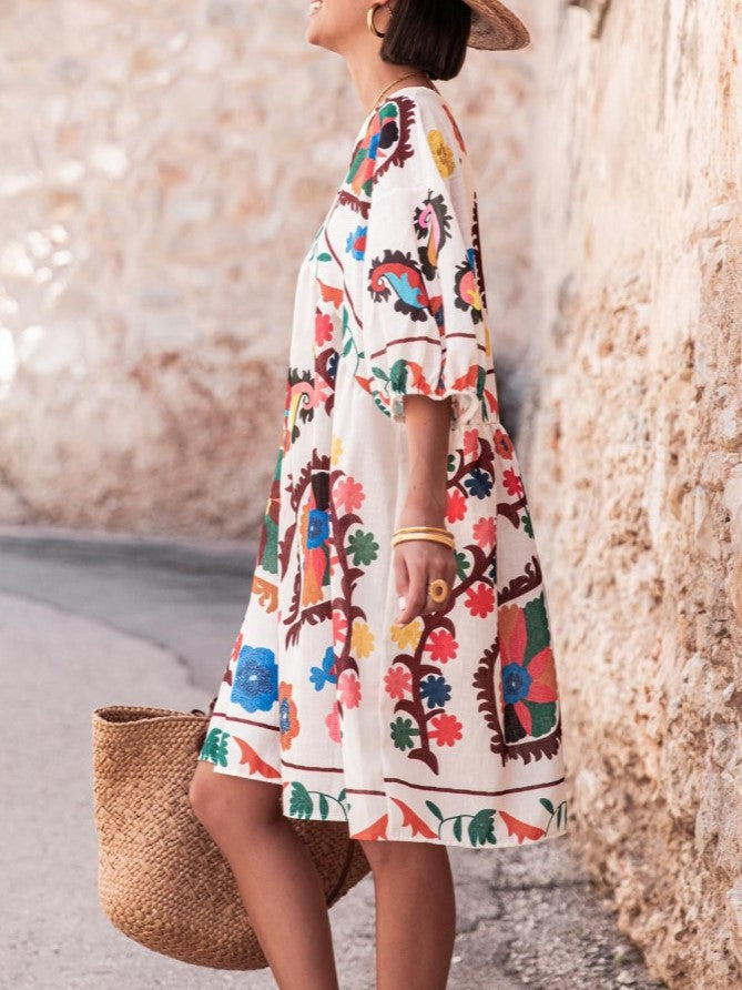 Paisley Bloom Print Flowy Beach Dress - White - 2
