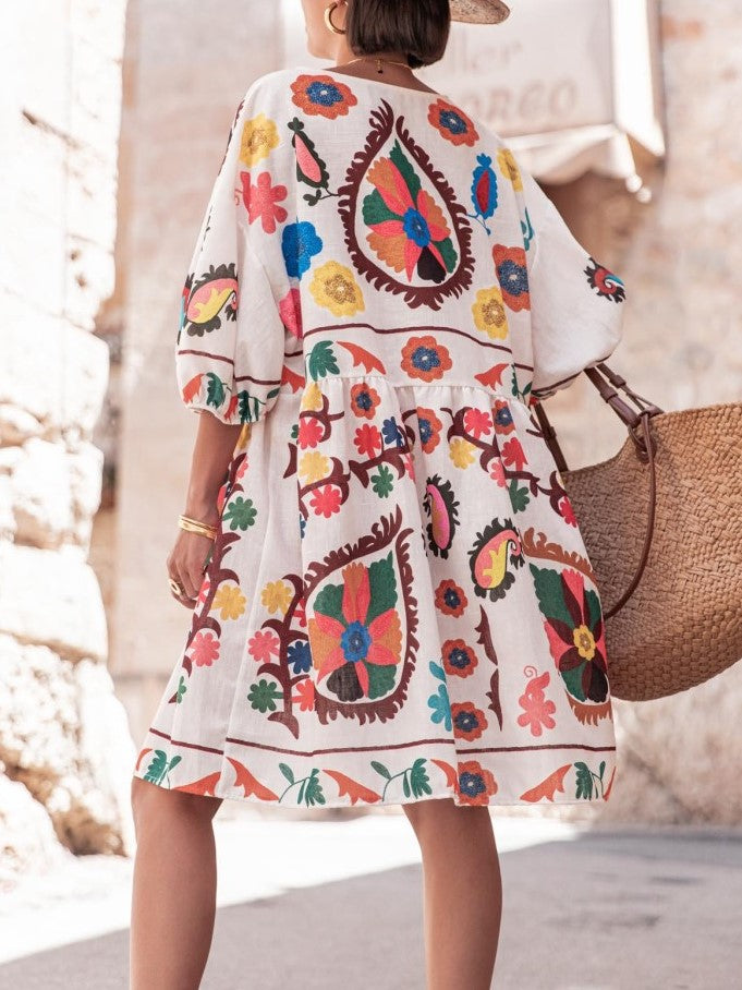 Paisley Bloom Print Flowy Beach Dress - White - 3