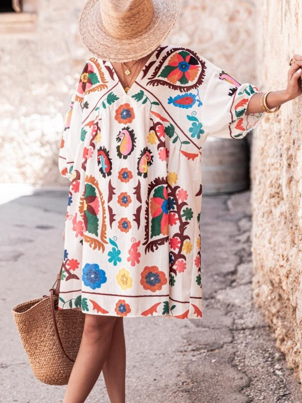 Paisley Bloom Print Flowy Beach Dress - White - 4
