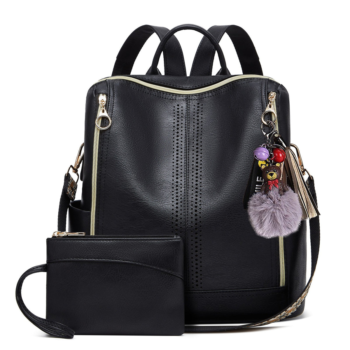 Perforated Convertible Backpack with Wristlet - Black