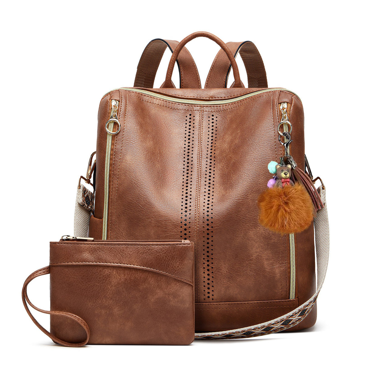 Perforated Convertible Backpack with Wristlet - Brown