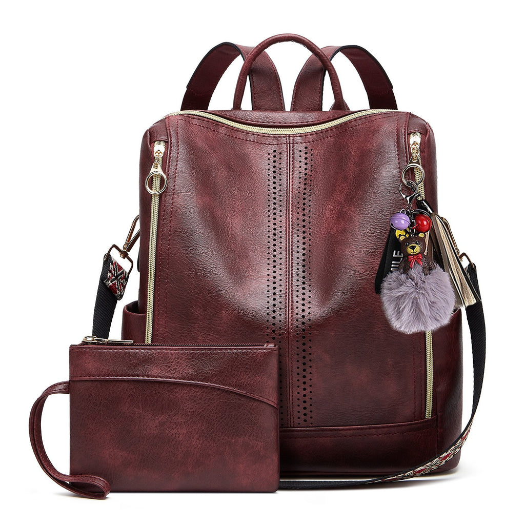 Perforated Convertible Backpack with Wristlet - Burgundy