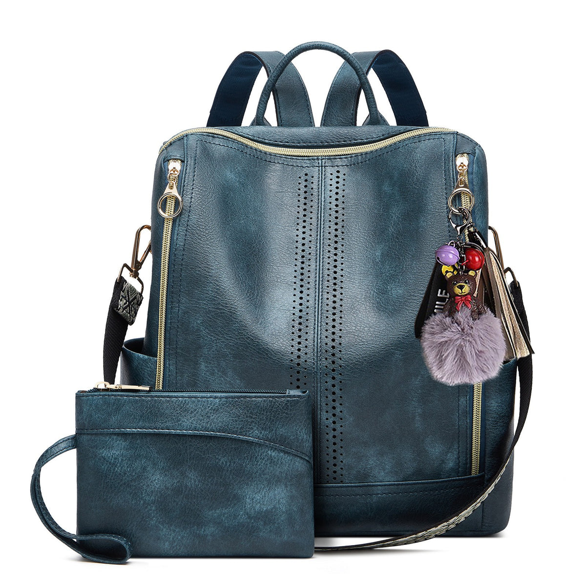 Perforated Convertible Backpack with Wristlet - Denim Blue
