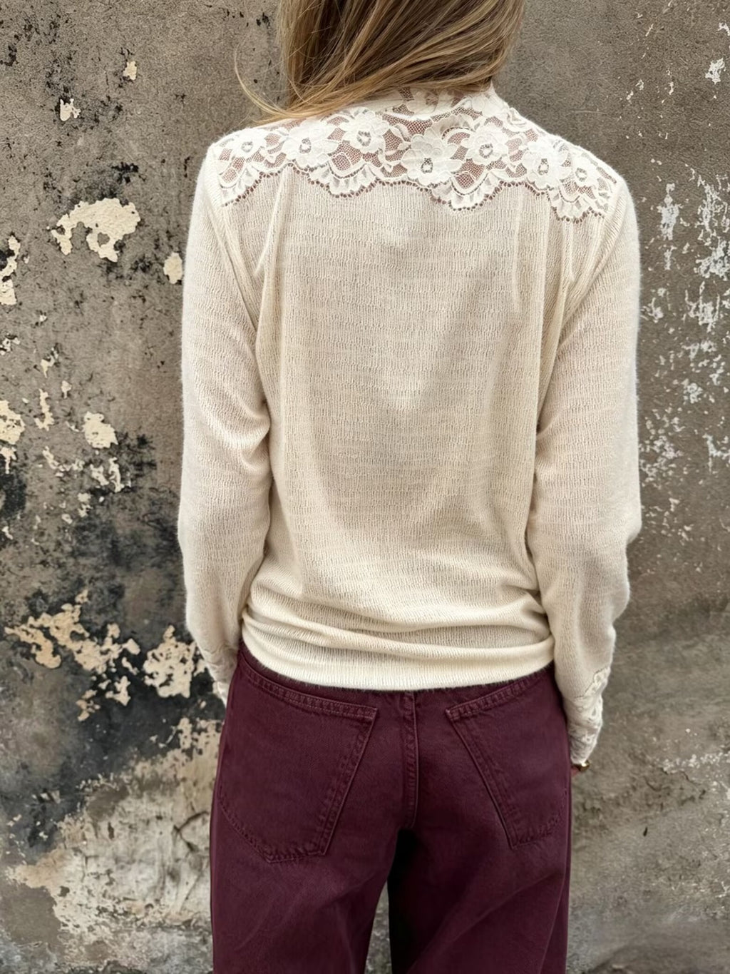 Sheer Floral Lace Trim Mock Neck Blouse - Apricot - 1