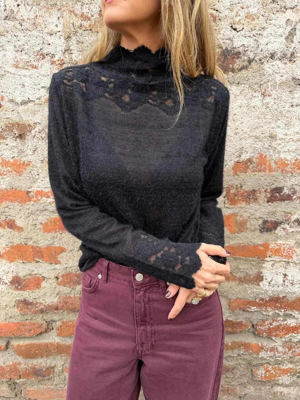 Sheer Floral Lace Trim Mock Neck Blouse - Black