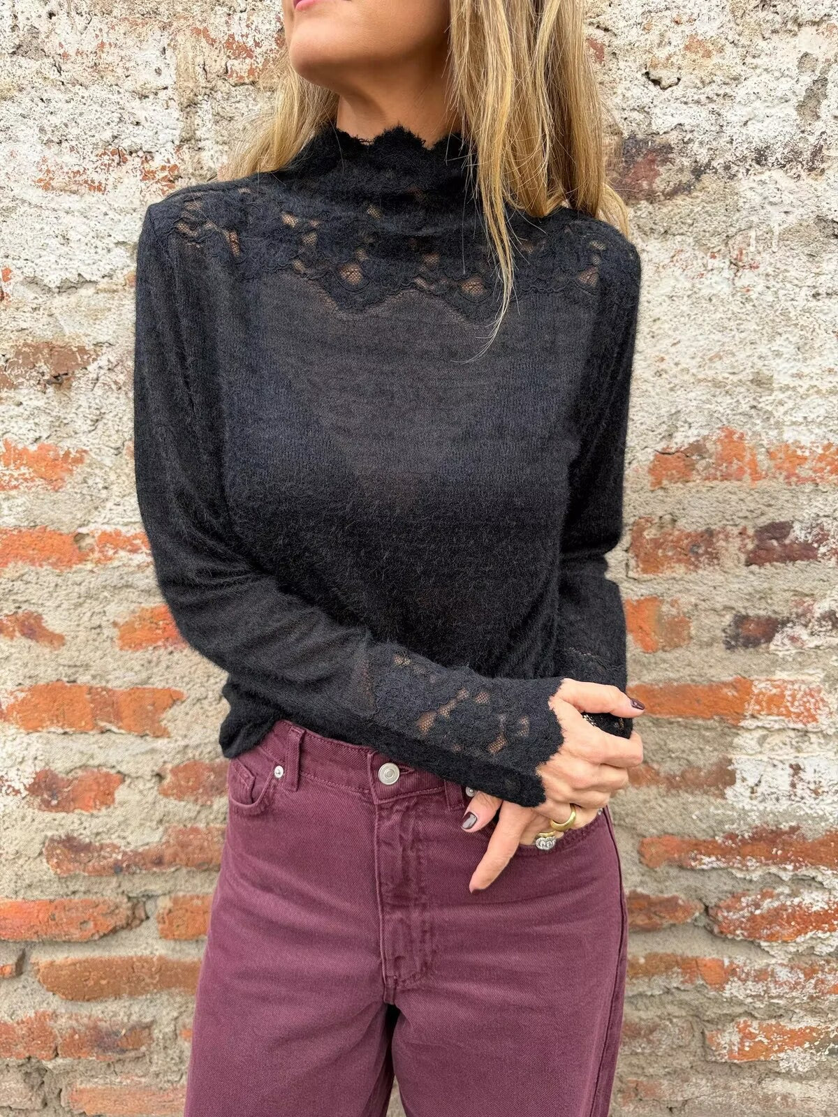Sheer Floral Lace Trim Mock Neck Blouse - Black