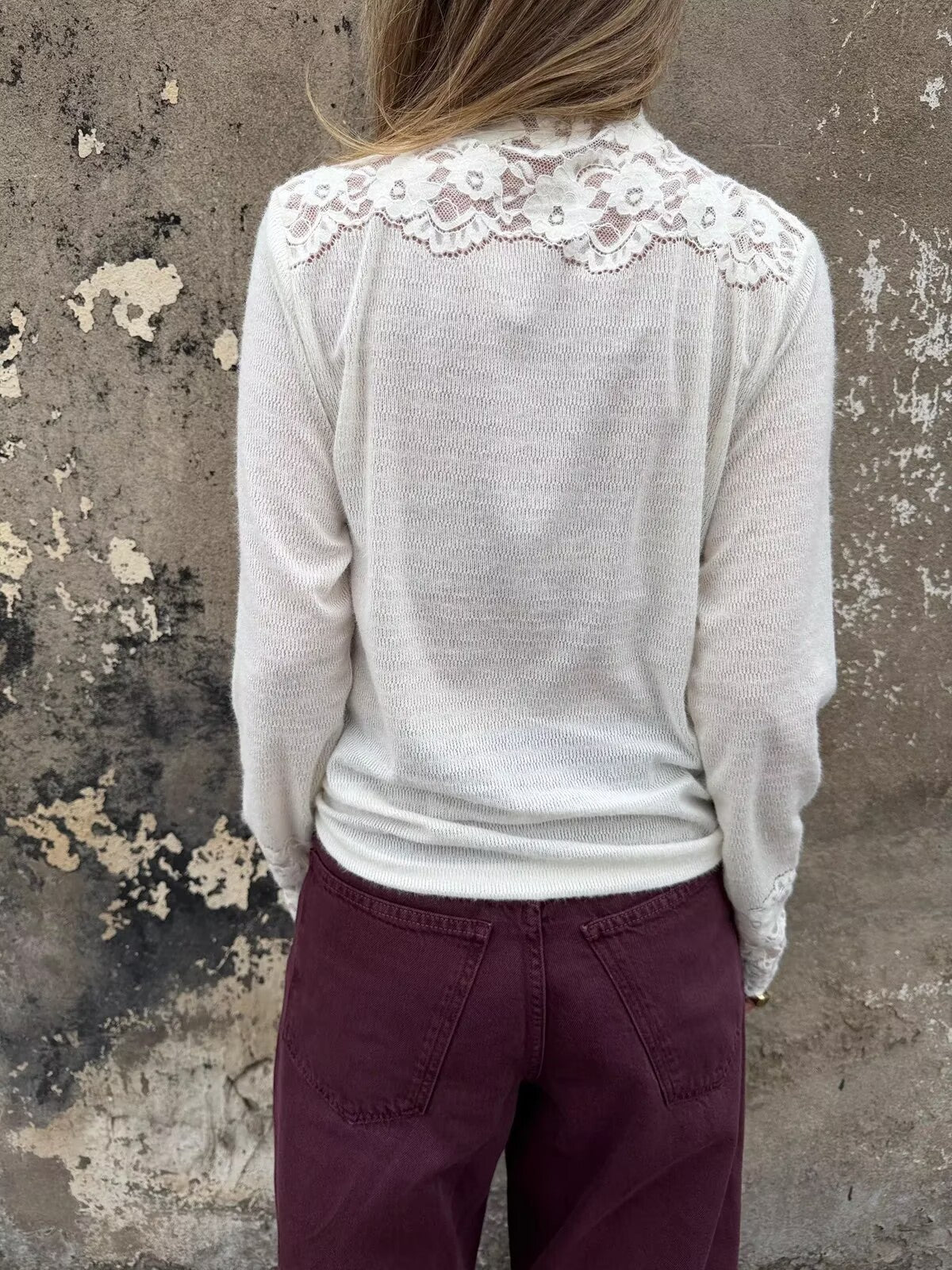 Sheer Floral Lace Trim Mock Neck Blouse - White - 1
