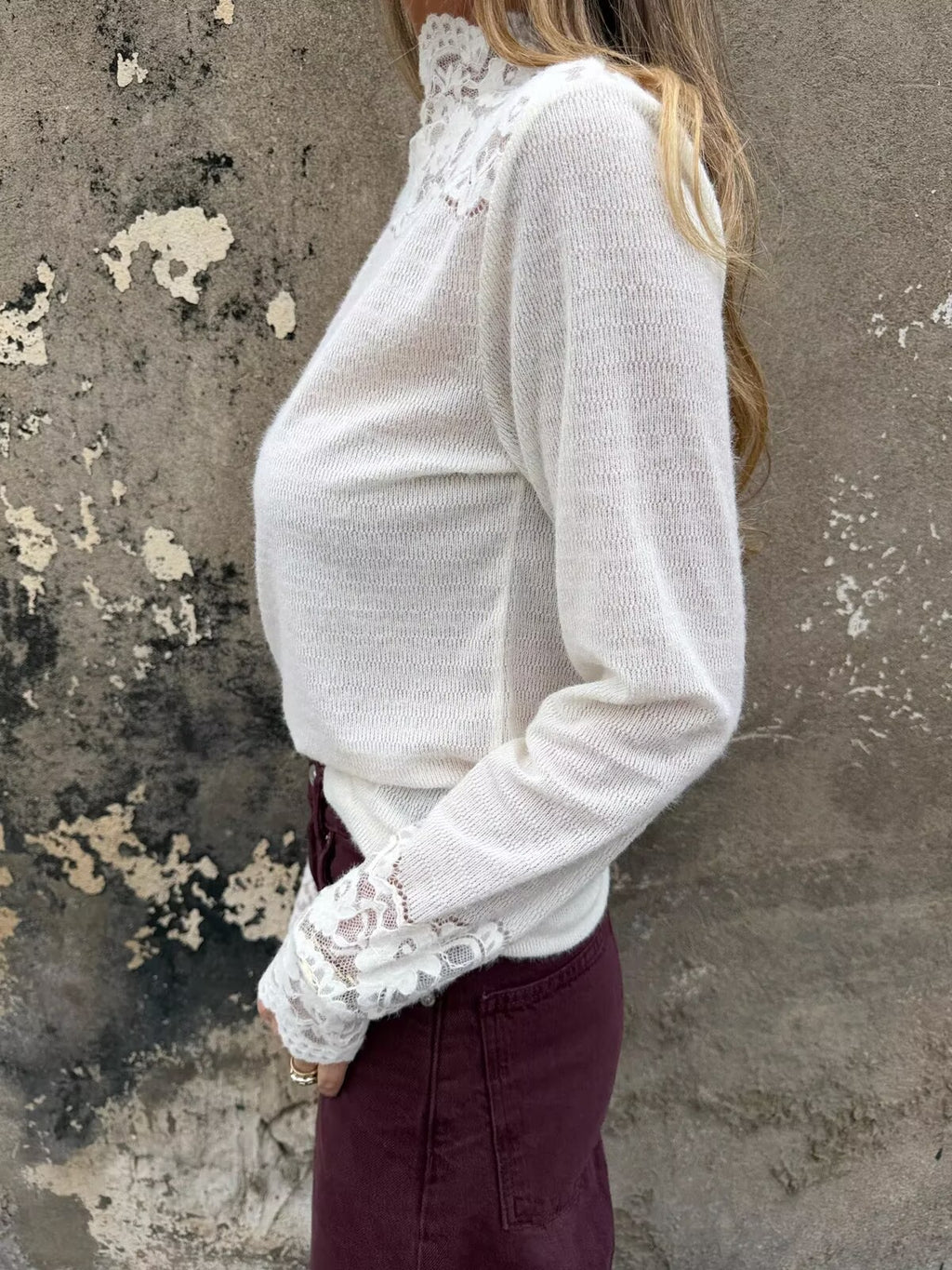 Sheer Floral Lace Trim Mock Neck Blouse - White - 3