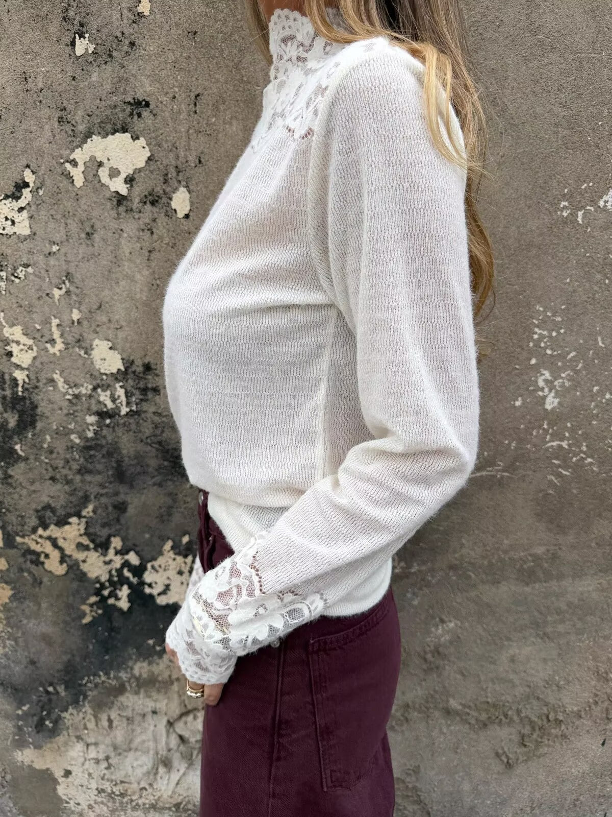 Sheer Floral Lace Trim Mock Neck Blouse - White - 3