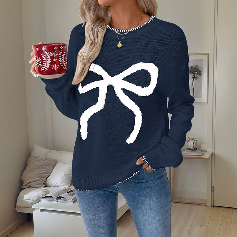 Contrast Bow Knit Crewneck Sweater - DarkBlue