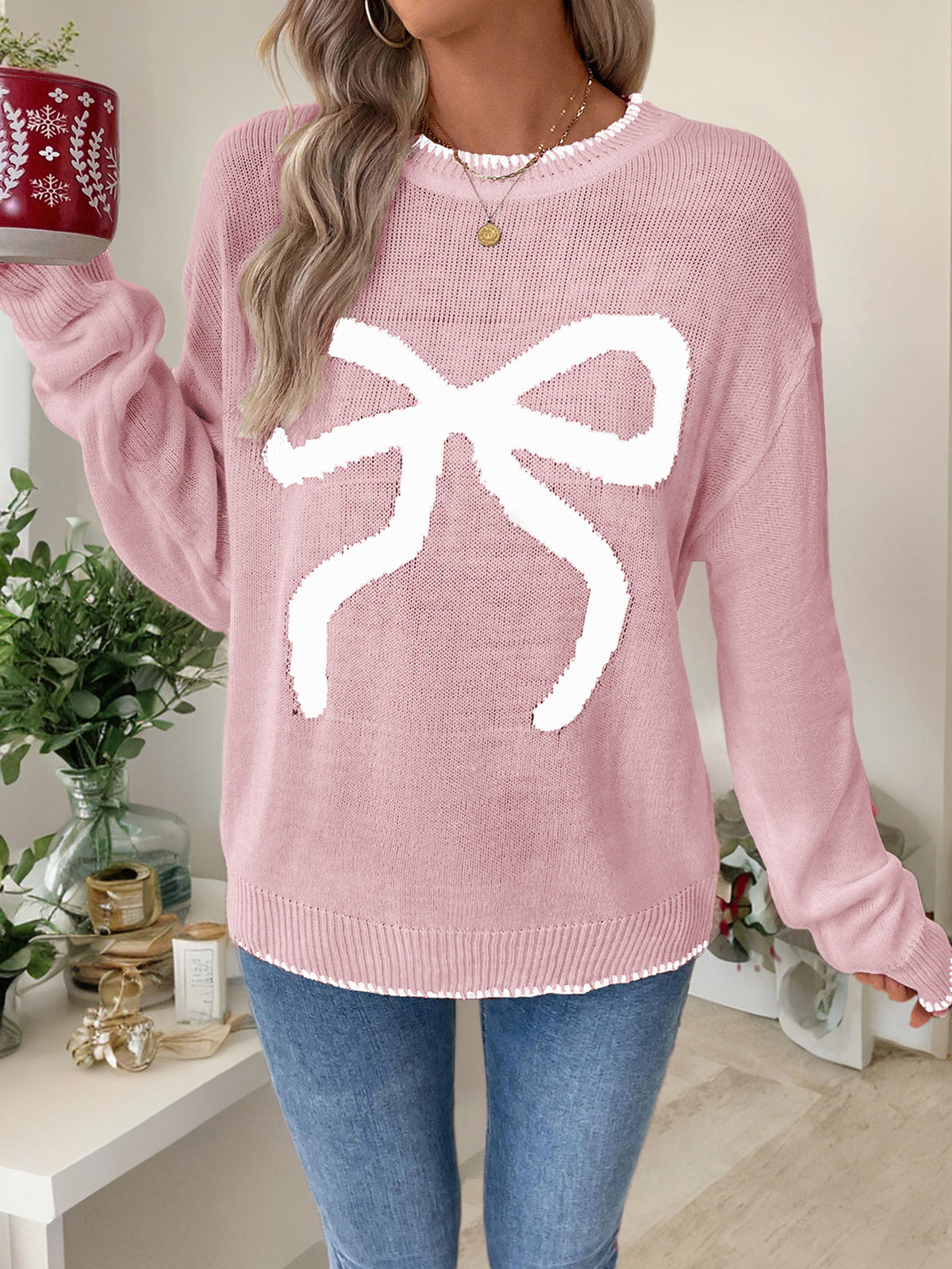 Contrast Bow Knit Crewneck Sweater - Pink