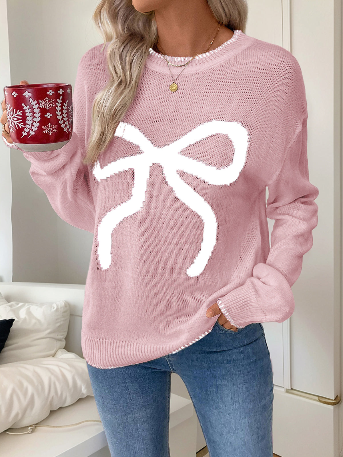 Contrast Bow Knit Crewneck Sweater - Pink - 1