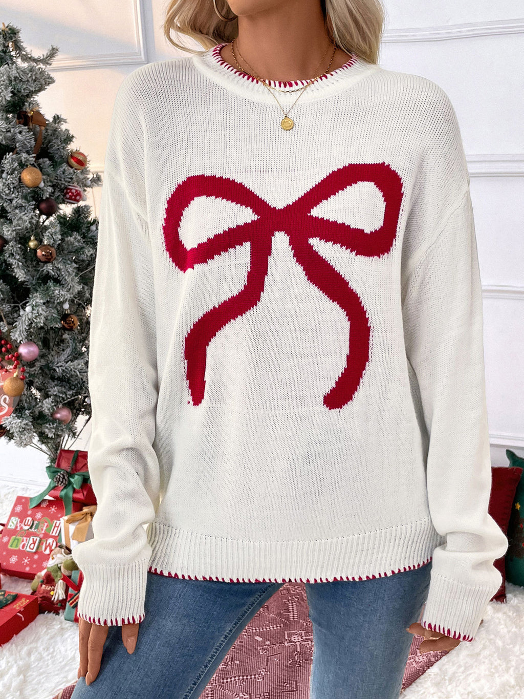 Contrast Bow Knit Crewneck Sweater - White